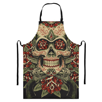 Skull And Roses Tattoo Print Bib Apron With Pocket