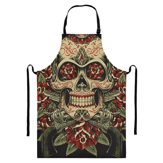 Skull And Roses Tattoo Print Bib Apron With Pocket
