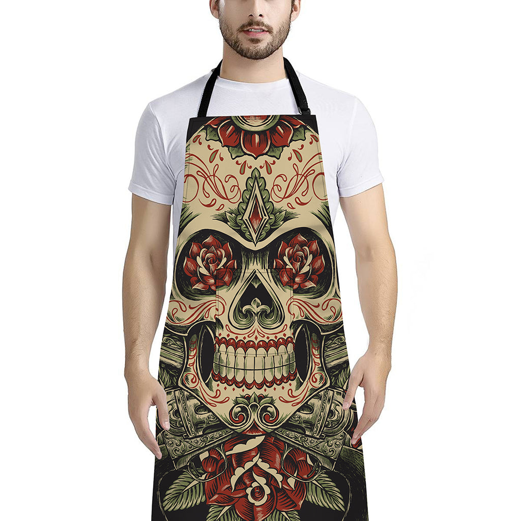 Skull And Roses Tattoo Print Bib Apron With Pocket