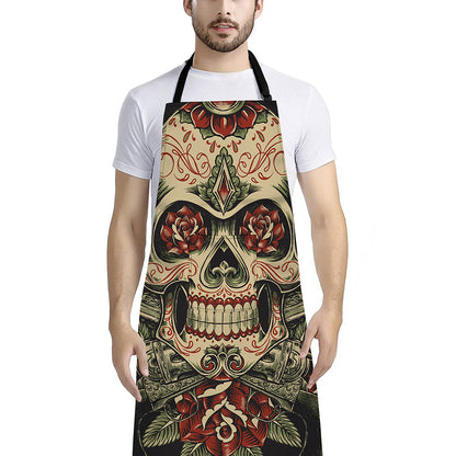Skull And Roses Tattoo Print Bib Apron With Pocket