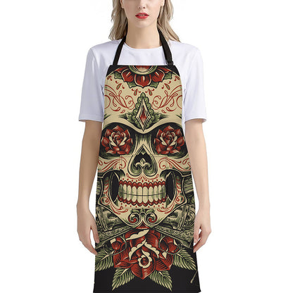 Skull And Roses Tattoo Print Bib Apron With Pocket