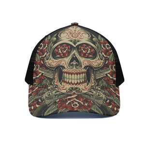 Skull And Roses Tattoo Print Black Mesh Trucker Cap