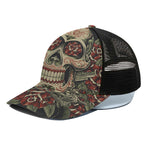 Skull And Roses Tattoo Print Black Mesh Trucker Cap