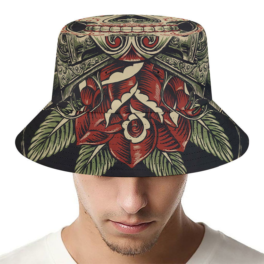 Skull And Roses Tattoo Print Bucket Hat