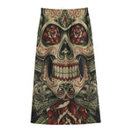 Skull And Roses Tattoo Print Cotton Front Slit Maxi Skirt