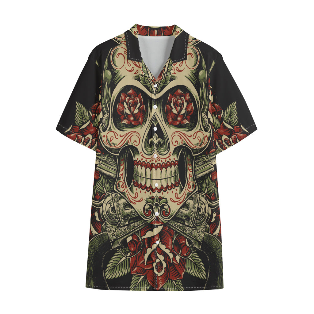 Skull And Roses Tattoo Print Cotton Hawaiian Shirt