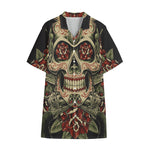 Skull And Roses Tattoo Print Cotton Hawaiian Shirt