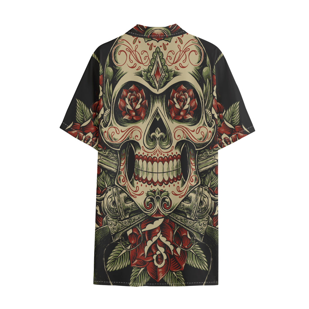 Skull And Roses Tattoo Print Cotton Hawaiian Shirt