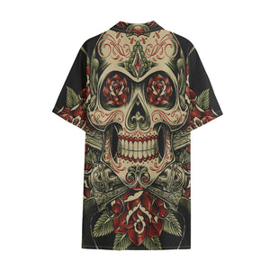 Skull And Roses Tattoo Print Cotton Hawaiian Shirt