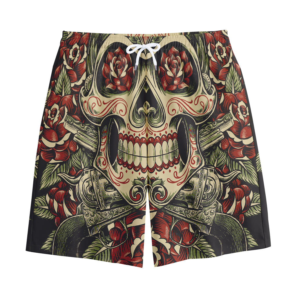 Skull And Roses Tattoo Print Cotton Shorts