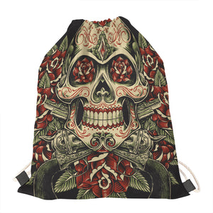 Skull And Roses Tattoo Print Drawstring Bag