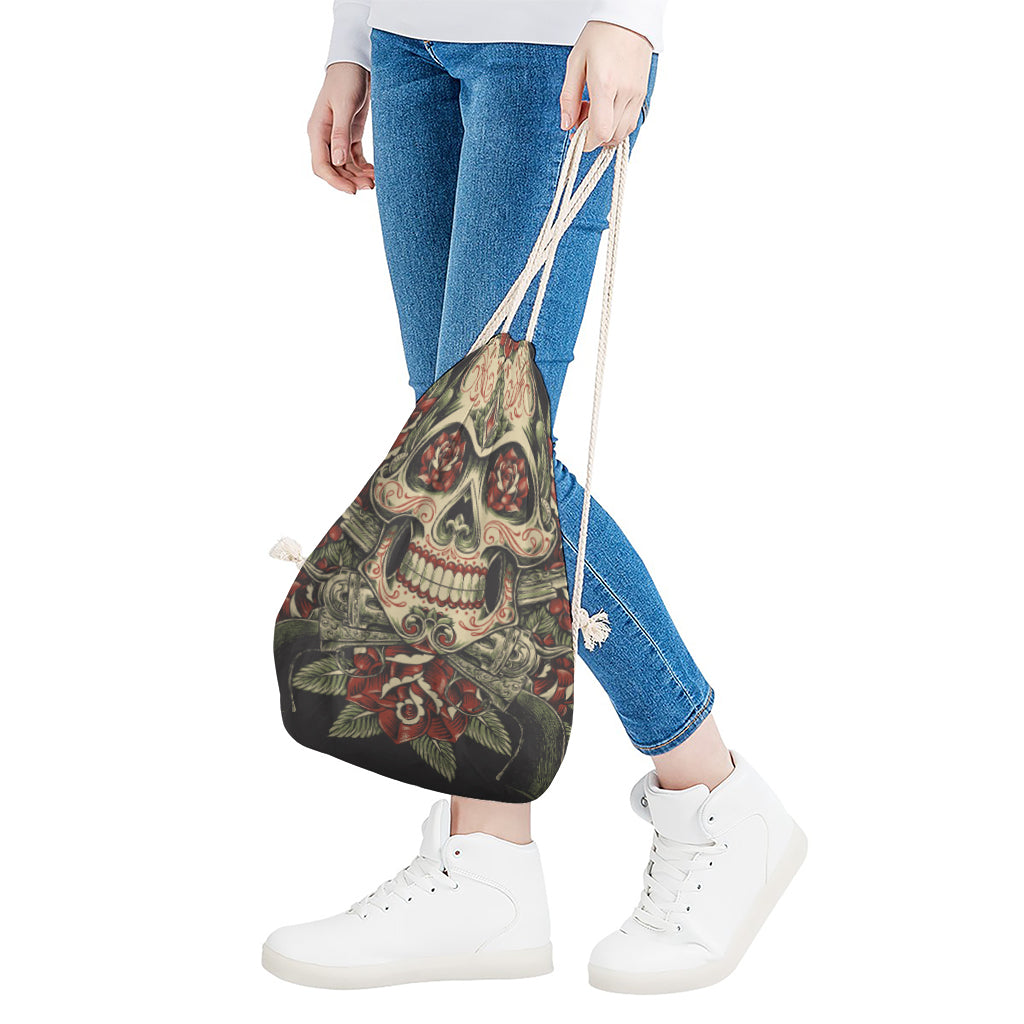 Skull And Roses Tattoo Print Drawstring Bag