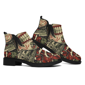 Skull And Roses Tattoo Print Flat Ankle Boots