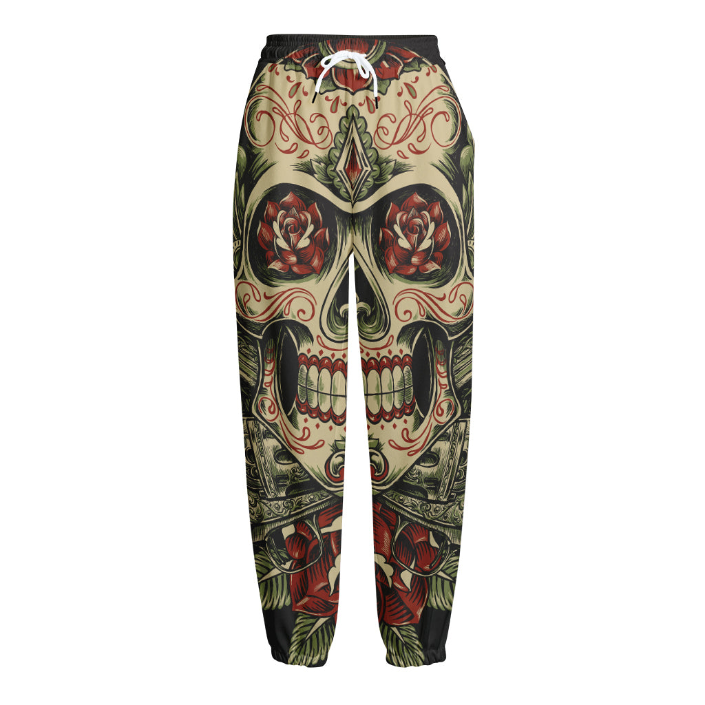 Skull And Roses Tattoo Print Fleece Lined Knit Pants