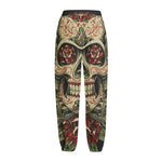 Skull And Roses Tattoo Print Fleece Lined Knit Pants