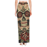 Skull And Roses Tattoo Print High Slit Maxi Skirt
