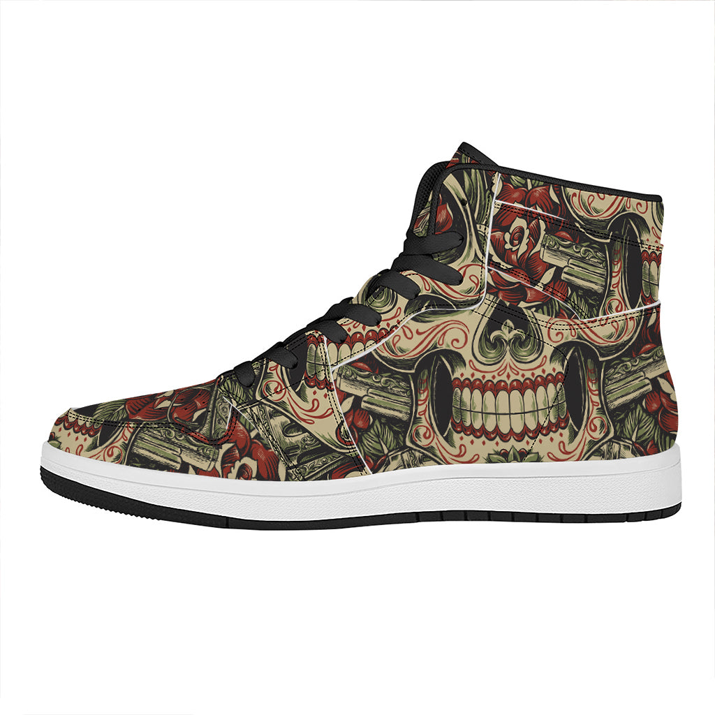 Skull And Roses Tattoo Print High Top Leather Sneakers