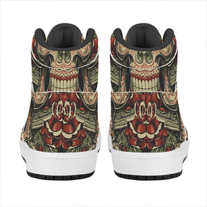 Skull And Roses Tattoo Print High Top Leather Sneakers