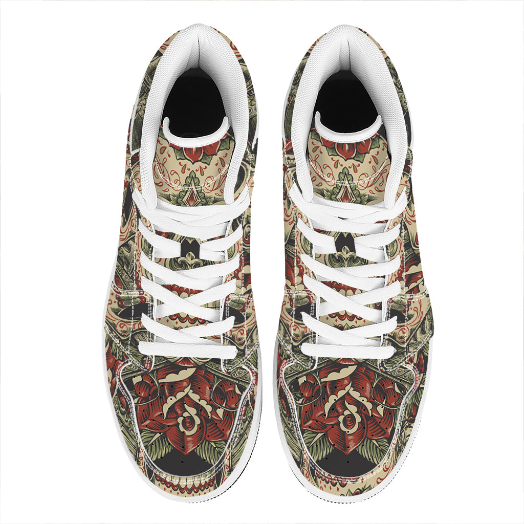 Skull And Roses Tattoo Print High Top Leather Sneakers