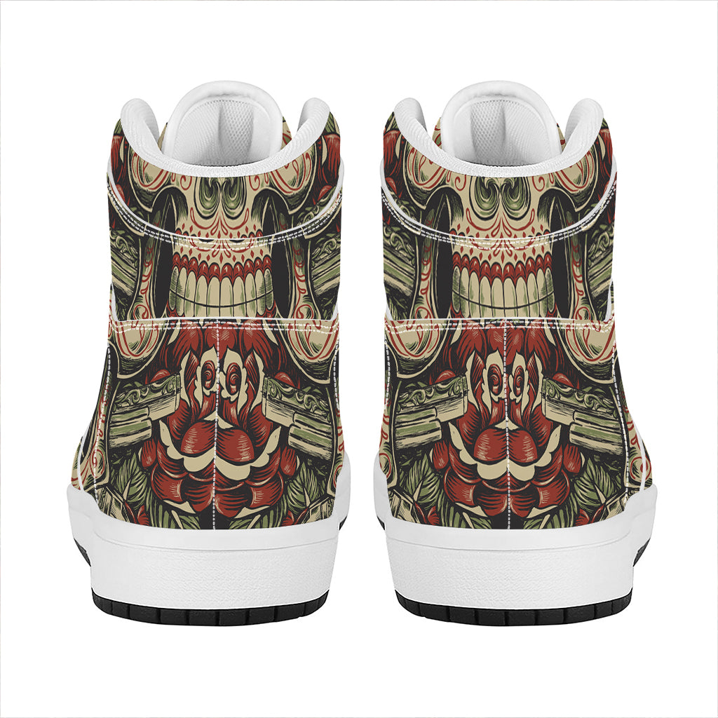 Skull And Roses Tattoo Print High Top Leather Sneakers