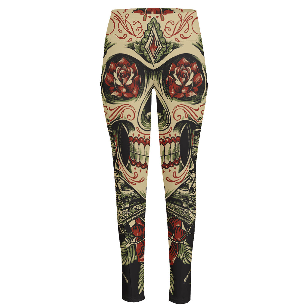 Skull And Roses Tattoo Print High-Waisted Pocket Leggings