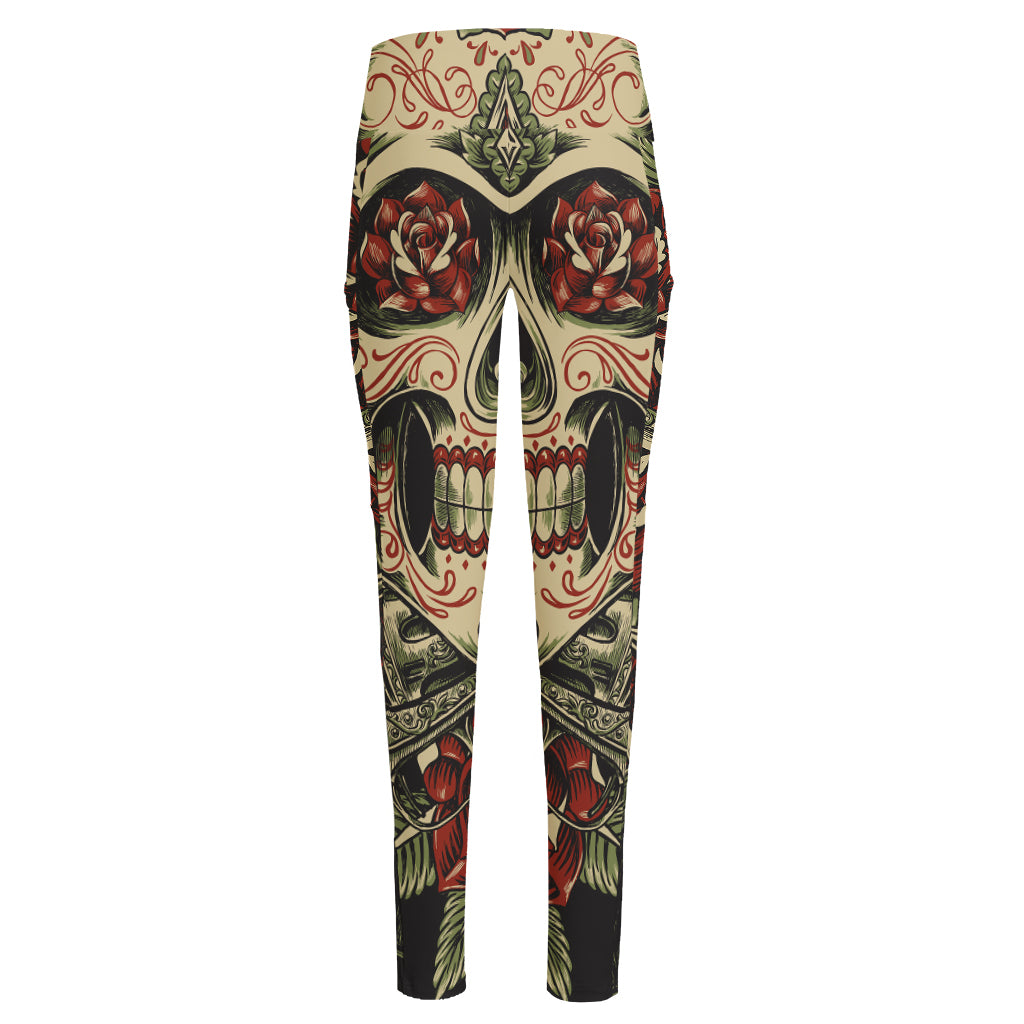 Skull And Roses Tattoo Print High-Waisted Pocket Leggings