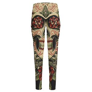 Skull And Roses Tattoo Print High-Waisted Pocket Leggings