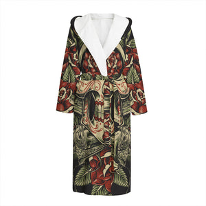 Skull And Roses Tattoo Print Hooded Bathrobe