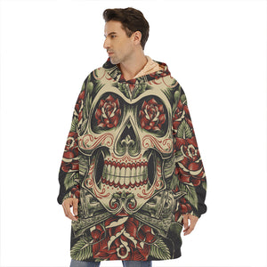 Skull And Roses Tattoo Print Hoodie Blanket