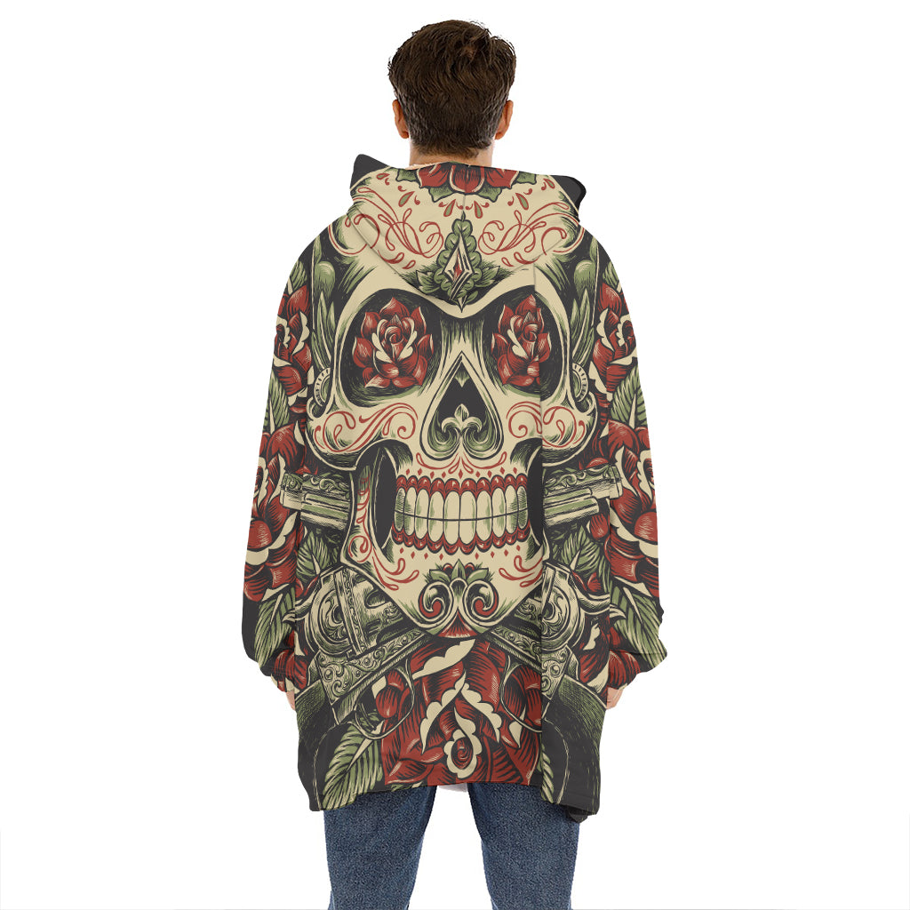 Skull And Roses Tattoo Print Hoodie Blanket