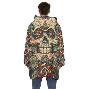 Skull And Roses Tattoo Print Hoodie Blanket