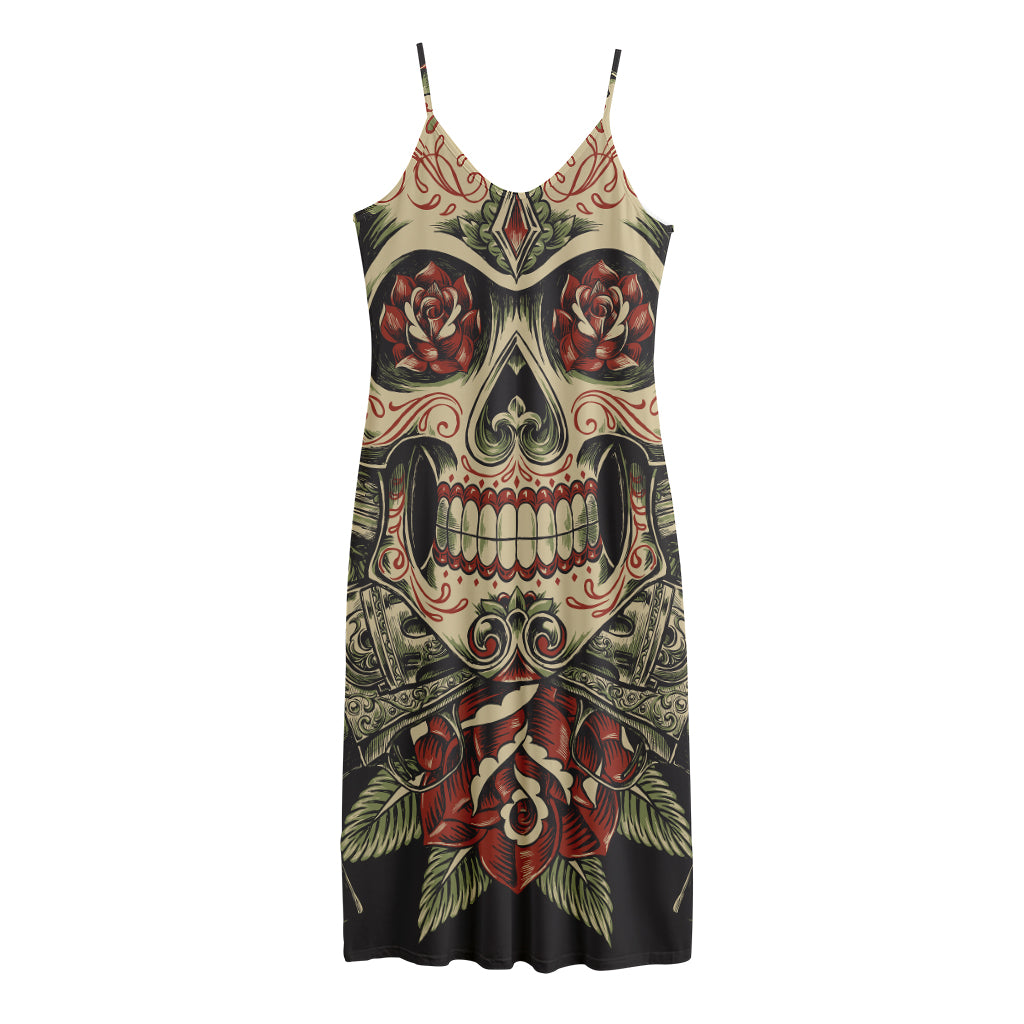 Skull And Roses Tattoo Print Jersey Midi Cami Dress