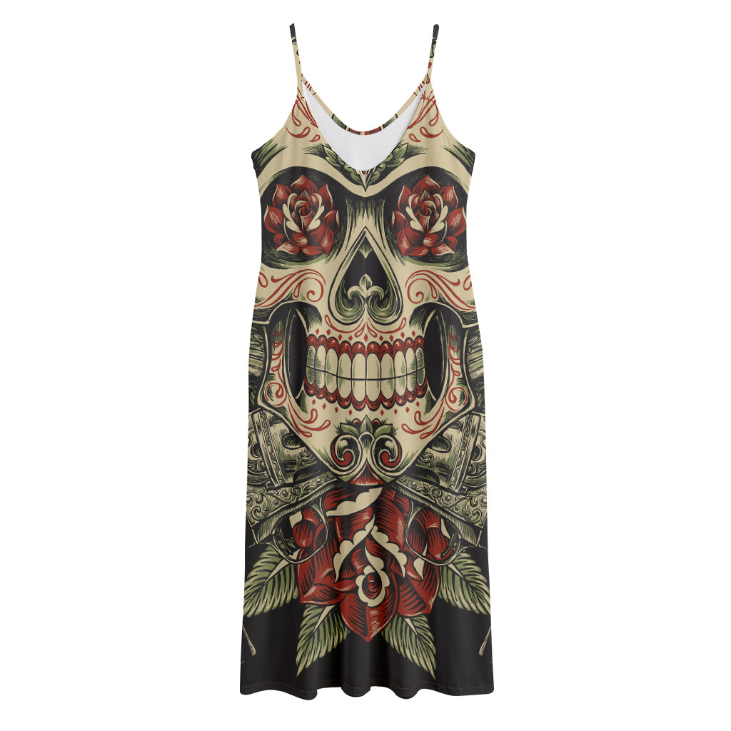 Skull And Roses Tattoo Print Jersey Midi Cami Dress