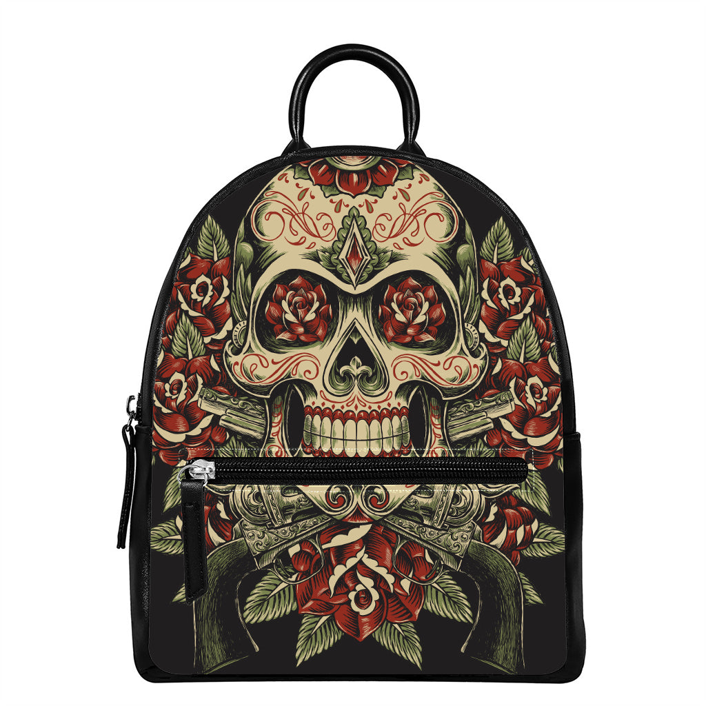 Skull And Roses Tattoo Print Leather Backpack