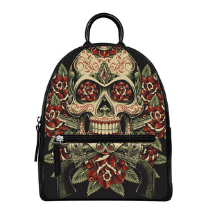 Skull And Roses Tattoo Print Leather Backpack