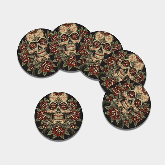 Skull And Roses Tattoo Print Leather Coaster Set
