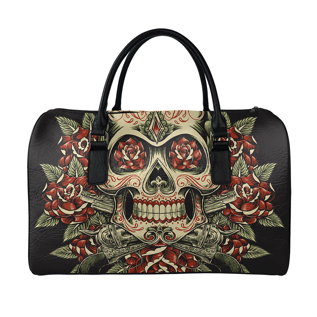 Skull And Roses Tattoo Print Leather Duffle Bag
