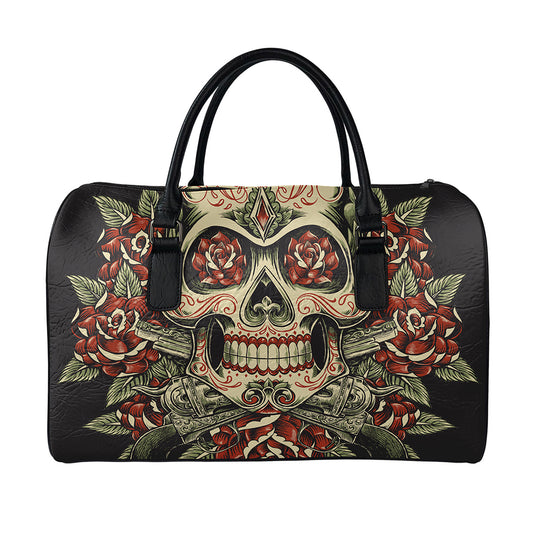 Skull And Roses Tattoo Print Leather Duffle Bag