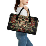 Skull And Roses Tattoo Print Leather Duffle Bag