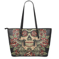 Skull And Roses Tattoo Print Leather Tote Bag With Zipper