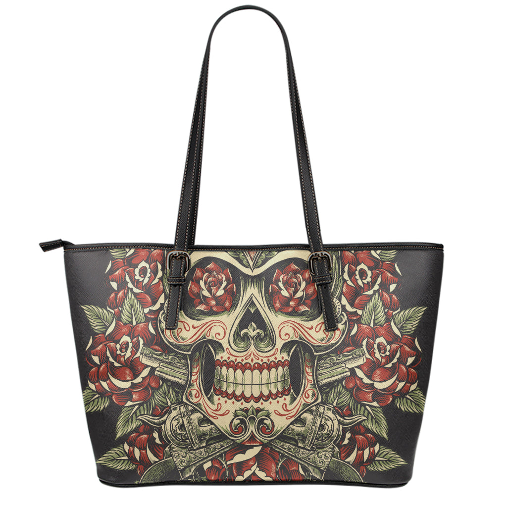 Skull And Roses Tattoo Print Leather Tote Bag