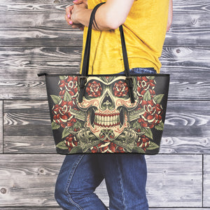 Skull And Roses Tattoo Print Leather Tote Bag