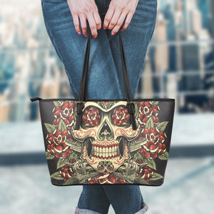 Skull And Roses Tattoo Print Leather Tote Bag