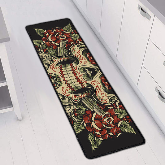 Skull And Roses Tattoo Print Long Kitchen Mat