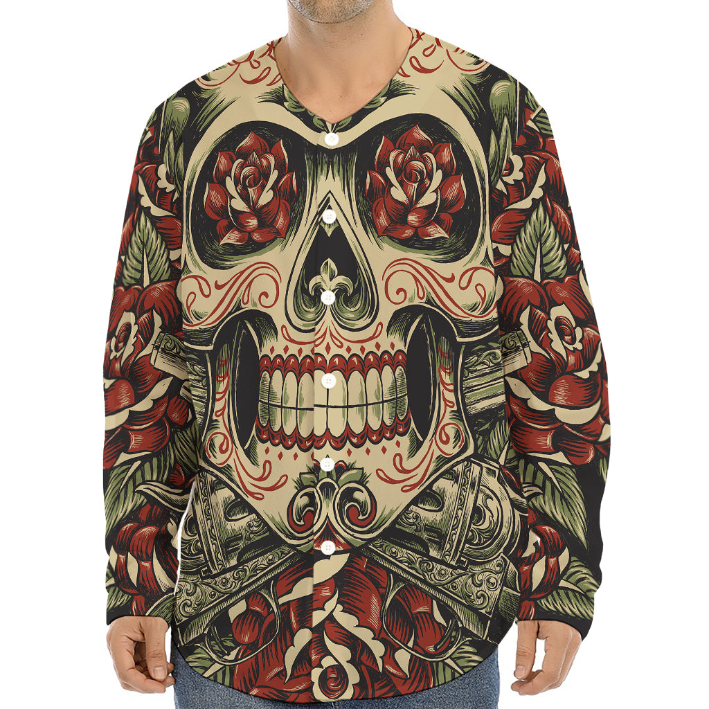 Skull And Roses Tattoo Print Long Sleeve Baseball Jersey