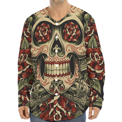 Skull And Roses Tattoo Print Long Sleeve Baseball Jersey