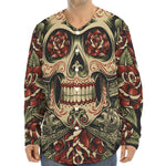 Skull And Roses Tattoo Print Long Sleeve Baseball Jersey