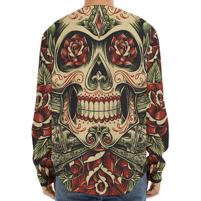 Skull And Roses Tattoo Print Long Sleeve Baseball Jersey