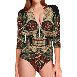 Skull And Roses Tattoo Print Long Sleeve Swimsuit