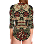 Skull And Roses Tattoo Print Long Sleeve Swimsuit